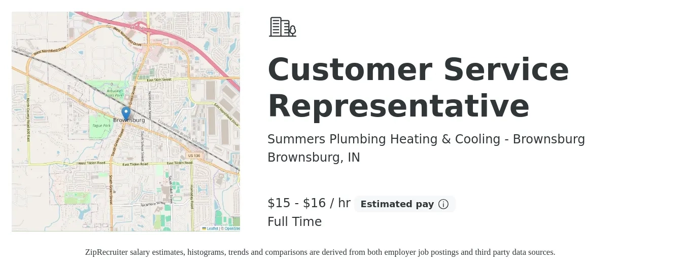 Summers Plumbing Heating & Cooling - Brownsburg job posting for a Customer Service Representative in Brownsburg, IN with a salary of $16 to $17 Hourly with a map of Brownsburg location.