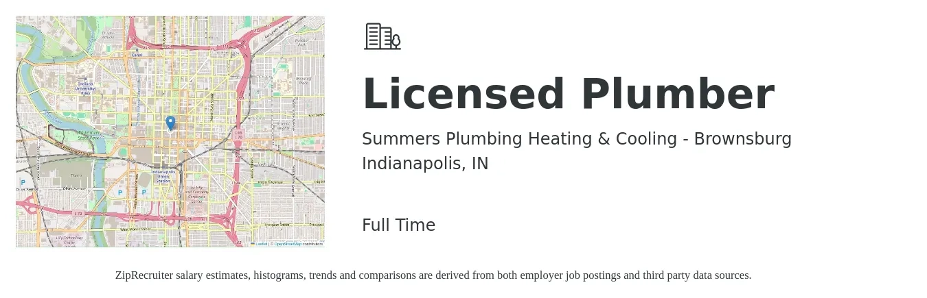 Summers Plumbing Heating & Cooling - Brownsburg job posting for a Licensed Plumber in Indianapolis, IN with a salary of $28 to $42 Hourly with a map of Indianapolis location.