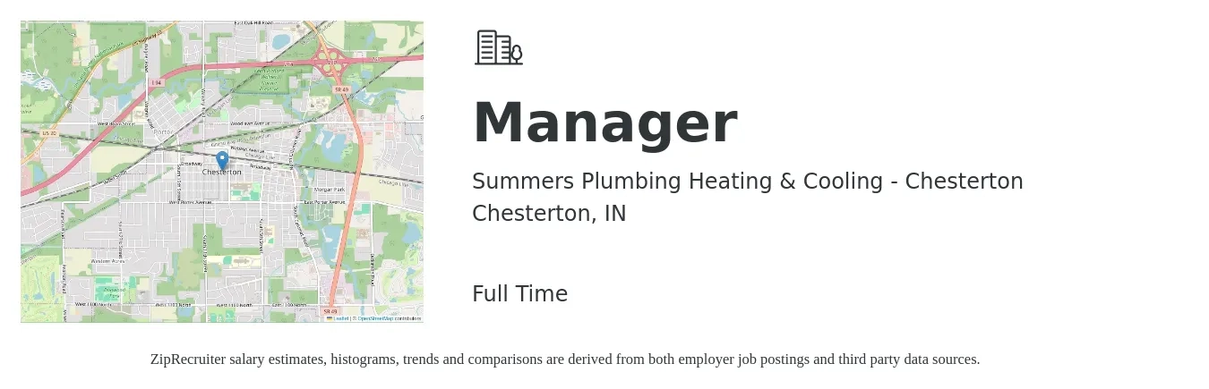 Summers Plumbing Heating & Cooling - Chesterton job posting for a Manager in Chesterton, IN with a salary of $41,800 to $65,600 Yearly with a map of Chesterton location.