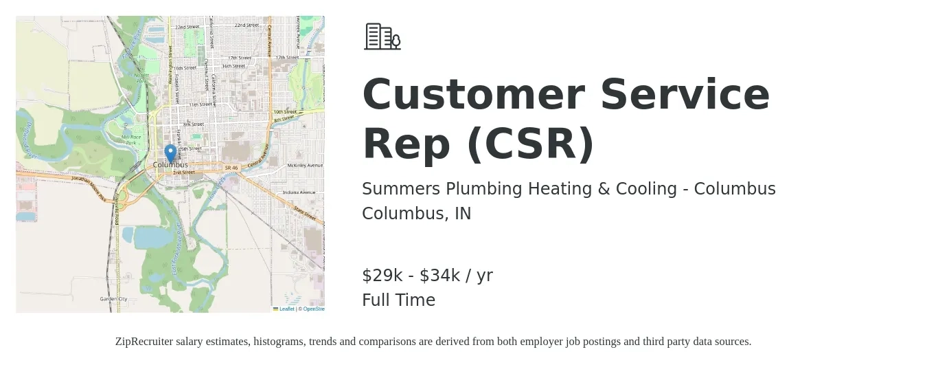 Summers Plumbing Heating & Cooling - Columbus job posting for a Customer Service Rep (CSR) in Columbus, IN with a salary of $29,000 to $34,500 Yearly with a map of Columbus location.