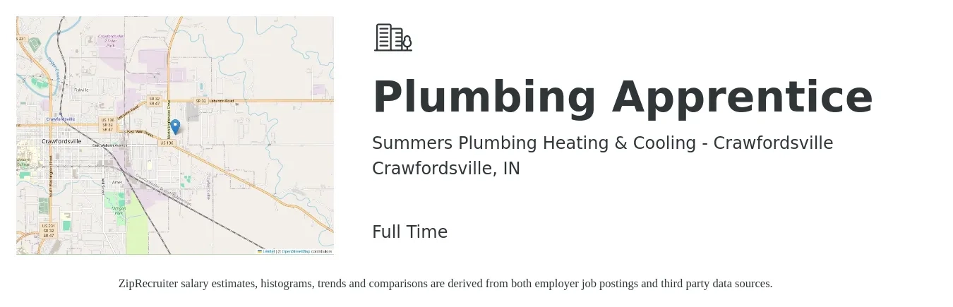 Summers Plumbing Heating & Cooling - Crawfordsville job posting for a Plumbing Apprentice in Crawfordsville, IN with a salary of $16 to $23 Hourly with a map of Crawfordsville location.