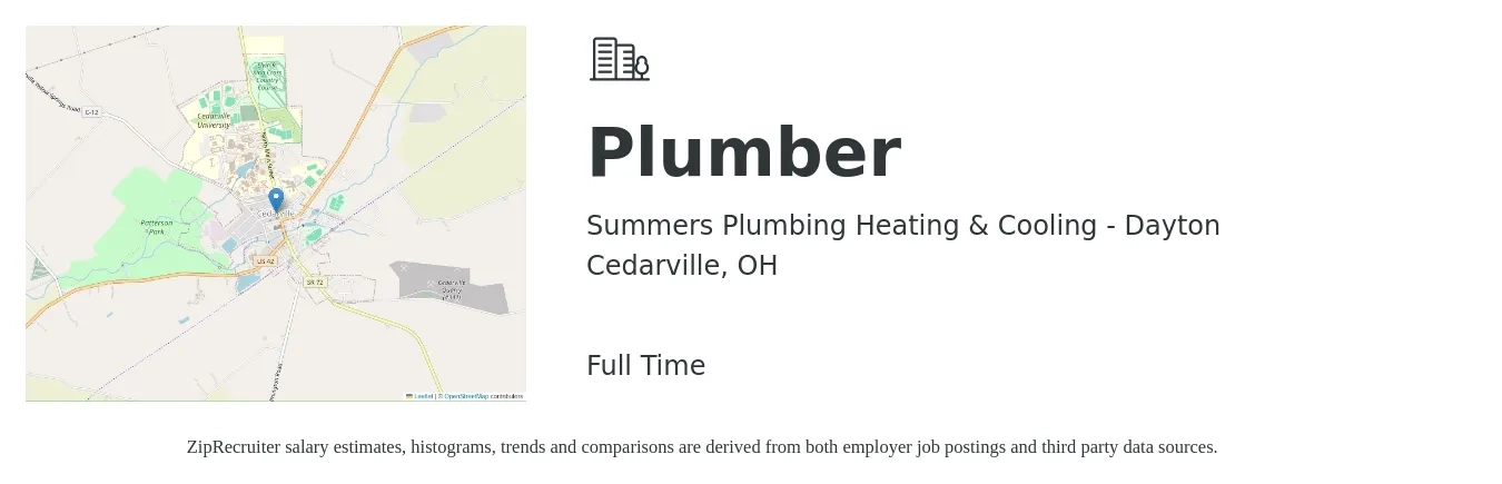 Summers Plumbing Heating & Cooling - Dayton job posting for a Plumber in Cedarville, OH with a salary of $22 to $32 Hourly with a map of Cedarville location.