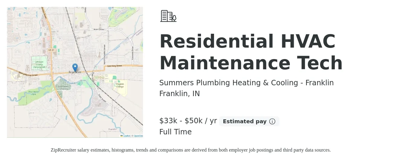Summers Plumbing Heating & Cooling - Franklin job posting for a Residential HVAC Maintenance Tech in Franklin, IN with a salary of $33,000 to $50,000 Yearly with a map of Franklin location.