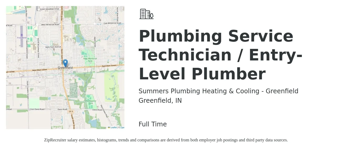 Summers Plumbing Heating & Cooling - Greenfield job posting for a Plumbing Service Technician / Entry-Level Plumber in Greenfield, IN with a salary of $25 to $36 Hourly with a map of Greenfield location.
