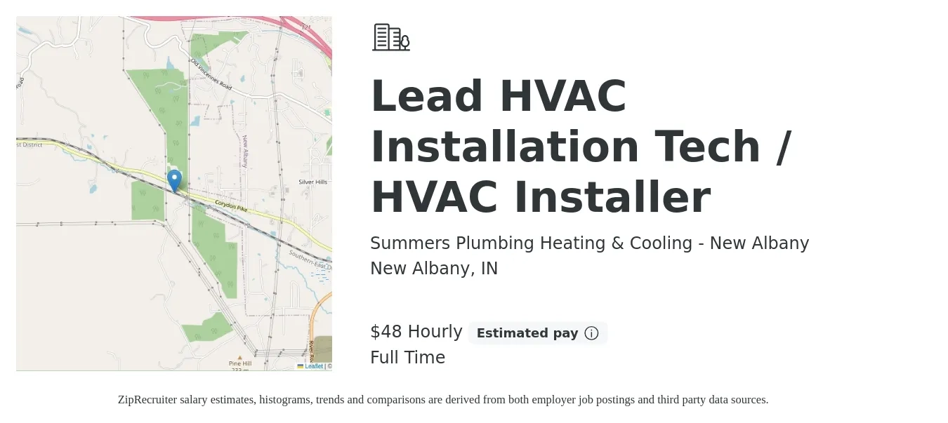 Summers Plumbing Heating & Cooling - New Albany job posting for a Lead HVAC Installation Tech / HVAC Installer in New Albany, IN with a salary of $50 Hourly with a map of New Albany location.
