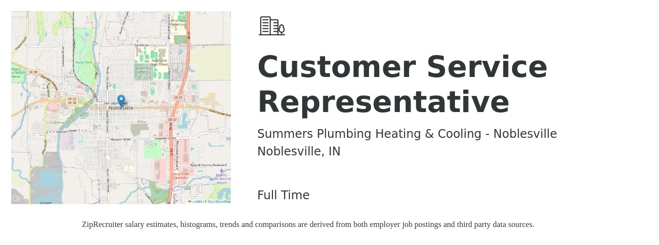 Summers Plumbing Heating & Cooling - Noblesville job posting for a Customer Service Representative in Noblesville, IN with a salary of $15 to $20 Hourly with a map of Noblesville location.