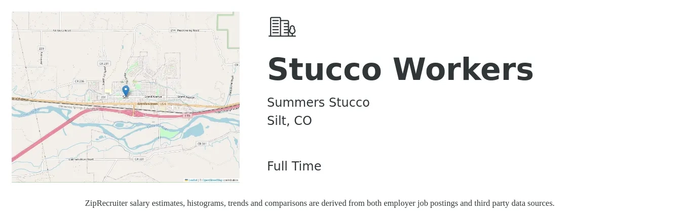 Summers Stucco job posting for a Stucco Workers in Silt, CO with a salary of $18 to $25 Hourly with a map of Silt location.