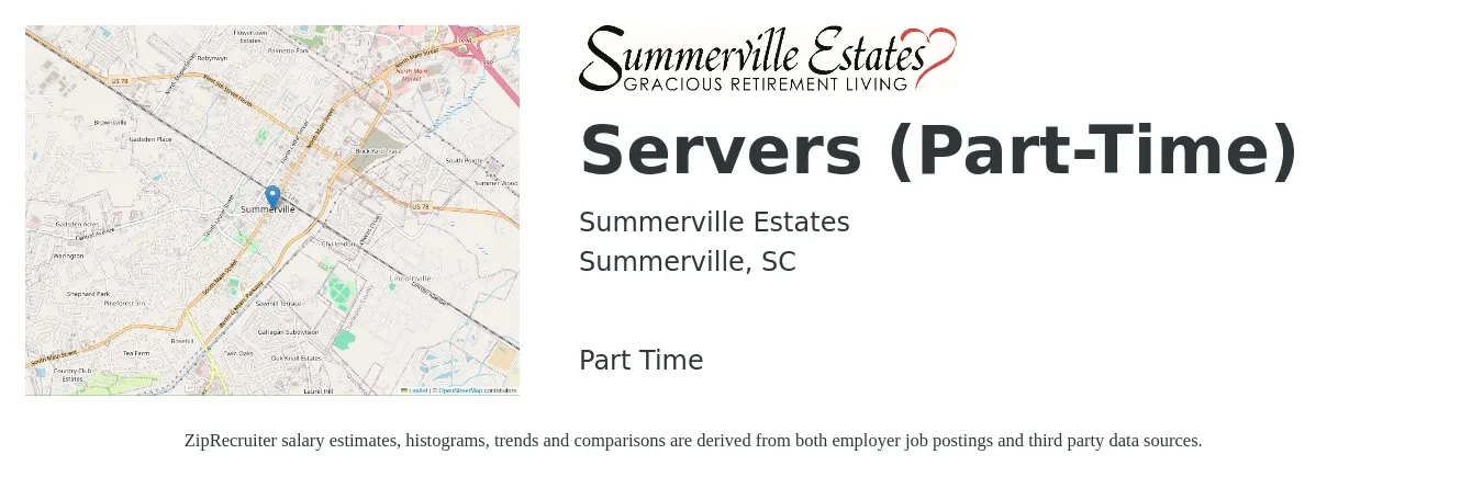 Summerville Estates job posting for a Servers (Part-Time) in Summerville, SC with a salary of $10 to $16 Hourly with a map of Summerville location.
