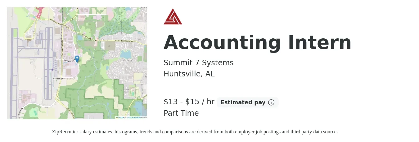 Summit 7 Systems job posting for a Accounting Intern in Huntsville, AL with a salary of $14 to $16 Hourly with a map of Huntsville location.