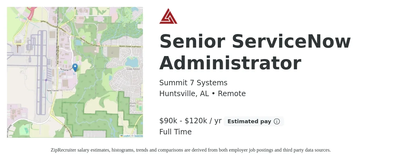 Summit 7 Systems job posting for a Senior ServiceNow Administrator in Huntsville, AL with a salary of $90,000 to $120,000 Yearly with a map of Huntsville location.