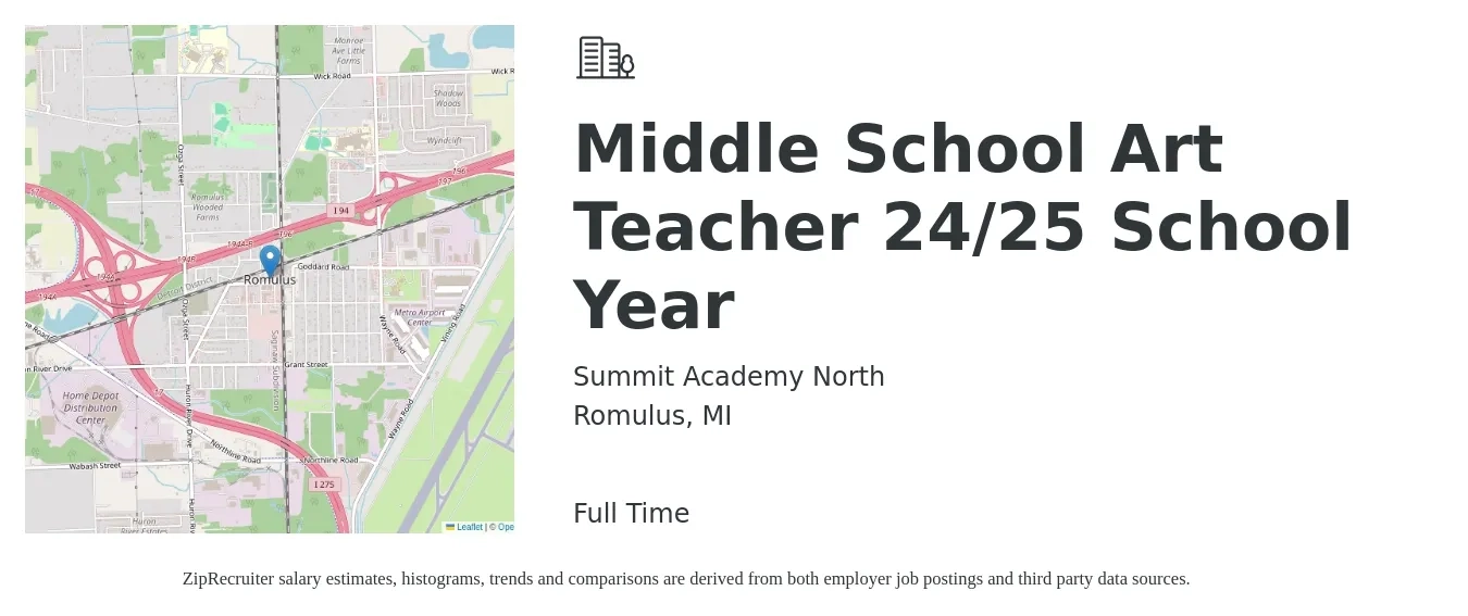 Summit Academy North job posting for a Middle School Art Teacher 24/25 School Year in Romulus, MI with a salary of $47,700 to $66,000 Yearly with a map of Romulus location.