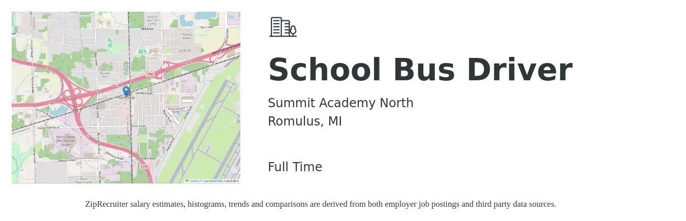 Summit Academy North job posting for a School Bus Driver in Romulus, MI with a salary of $22 Hourly with a map of Romulus location.