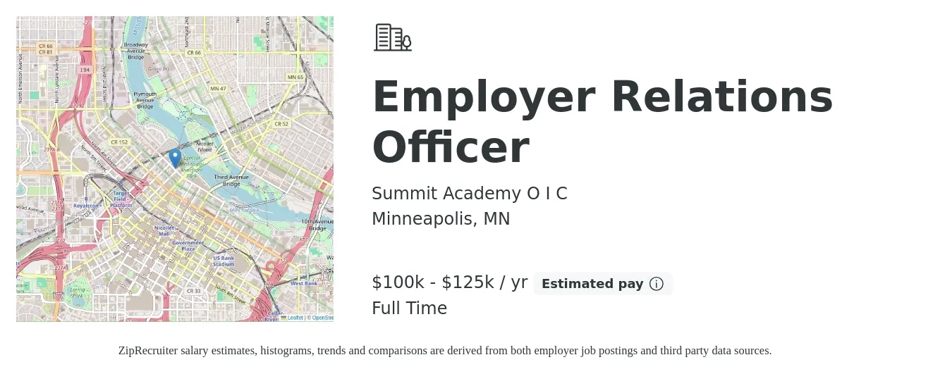 Summit Academy O I C job posting for a Employer Relations Officer in Minneapolis, MN with a salary of $100,000 to $125,000 Yearly with a map of Minneapolis location.