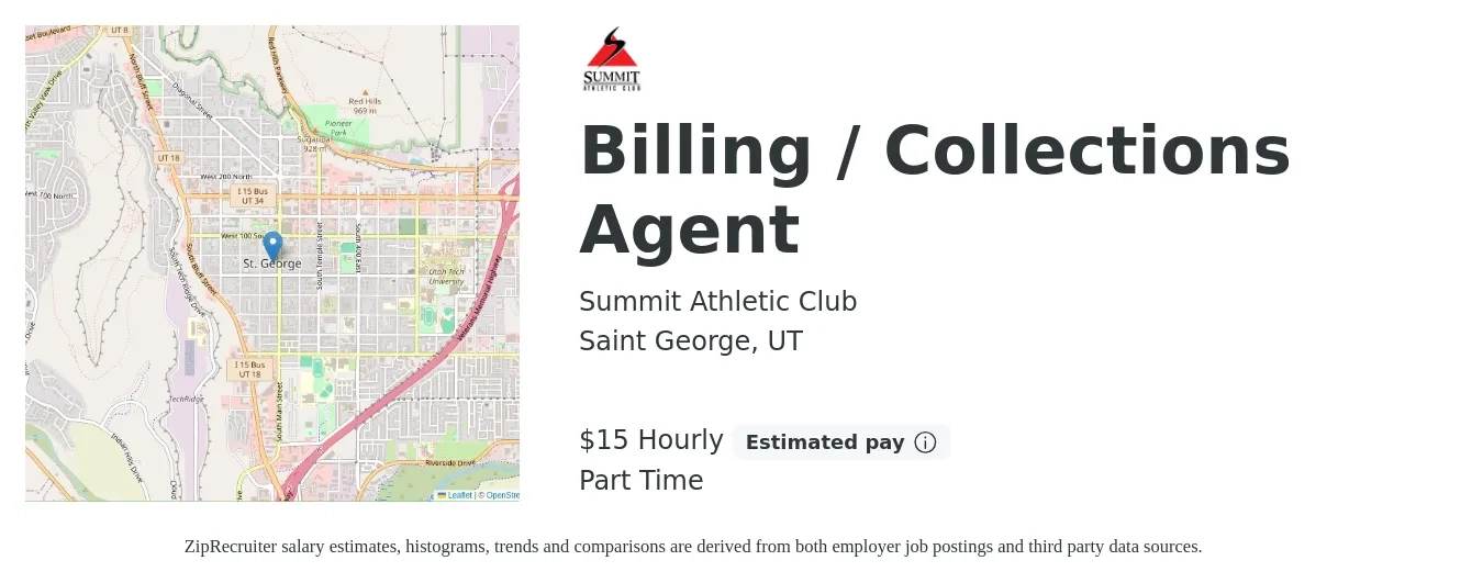 Summit Athletic Club job posting for a Billing / Collections Agent in Saint George, UT with a salary of $16 Hourly with a map of Saint George location.