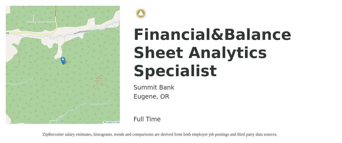 Summit Bank job posting for a Financial&Balance Sheet Analytics Specialist in Eugene, OR with a salary of $54,200 to $94,400 Yearly with a map of Eugene location.