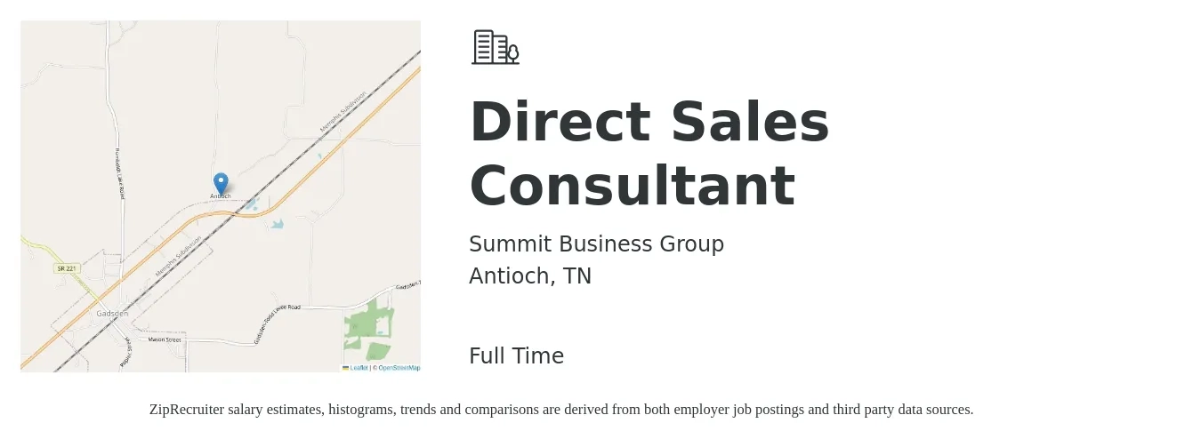 Summit Business Group job posting for a Direct Sales Consultant in Antioch, TN with a salary of $50,200 to $81,000 Yearly with a map of Antioch location.