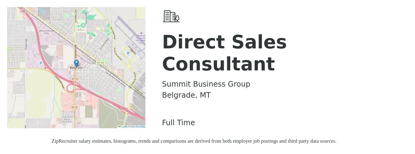 Summit Business Group job posting for a Direct Sales Consultant in Belgrade, MT with a salary of $56,700 to $91,500 Yearly with a map of Belgrade location.