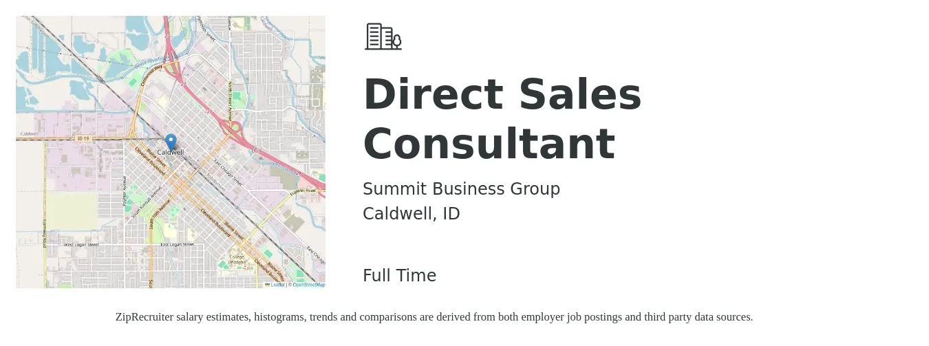 Summit Business Group job posting for a Direct Sales Consultant in Caldwell, ID with a salary of $47,700 to $77,000 Yearly with a map of Caldwell location.