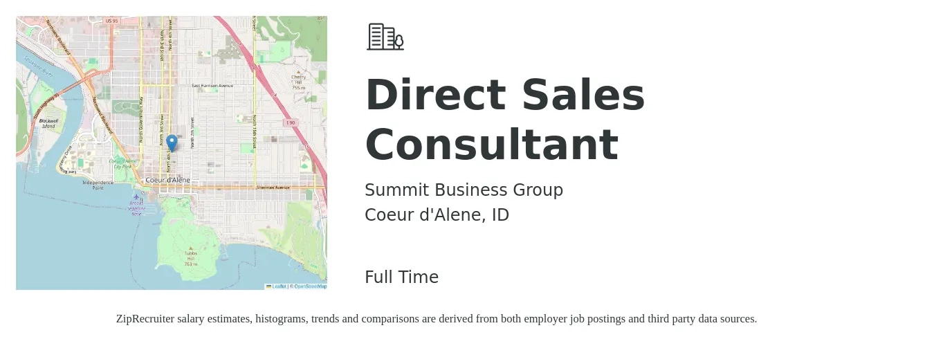 Summit Business Group job posting for a Direct Sales Consultant in Coeur d'Alene, ID with a salary of $51,800 to $83,500 Yearly with a map of Coeur d'Alene location.