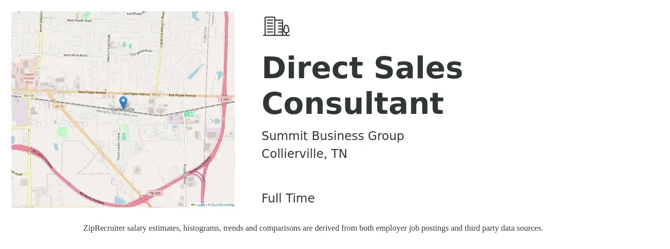 Summit Business Group job posting for a Direct Sales Consultant in Collierville, TN with a salary of $46,900 to $75,600 Yearly with a map of Collierville location.