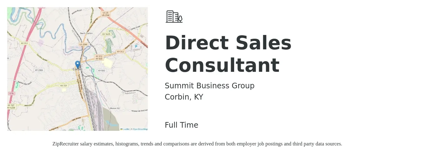 Summit Business Group job posting for a Direct Sales Consultant in Corbin, KY with a salary of $53,000 to $85,500 Yearly with a map of Corbin location.