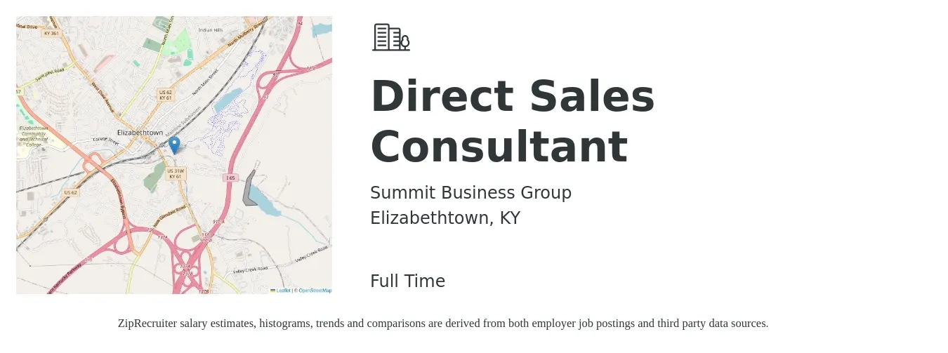 Summit Business Group job posting for a Direct Sales Consultant in Elizabethtown, KY with a salary of $48,700 to $78,500 Yearly with a map of Elizabethtown location.