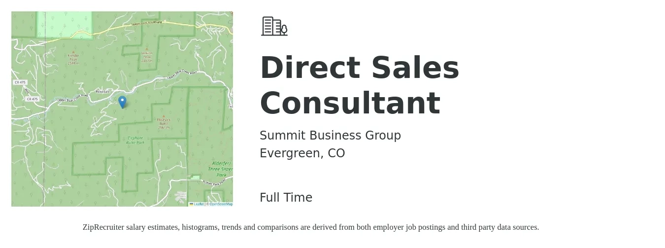 Summit Business Group job posting for a Direct Sales Consultant in Evergreen, CO with a salary of $52,600 to $84,800 Yearly with a map of Evergreen location.