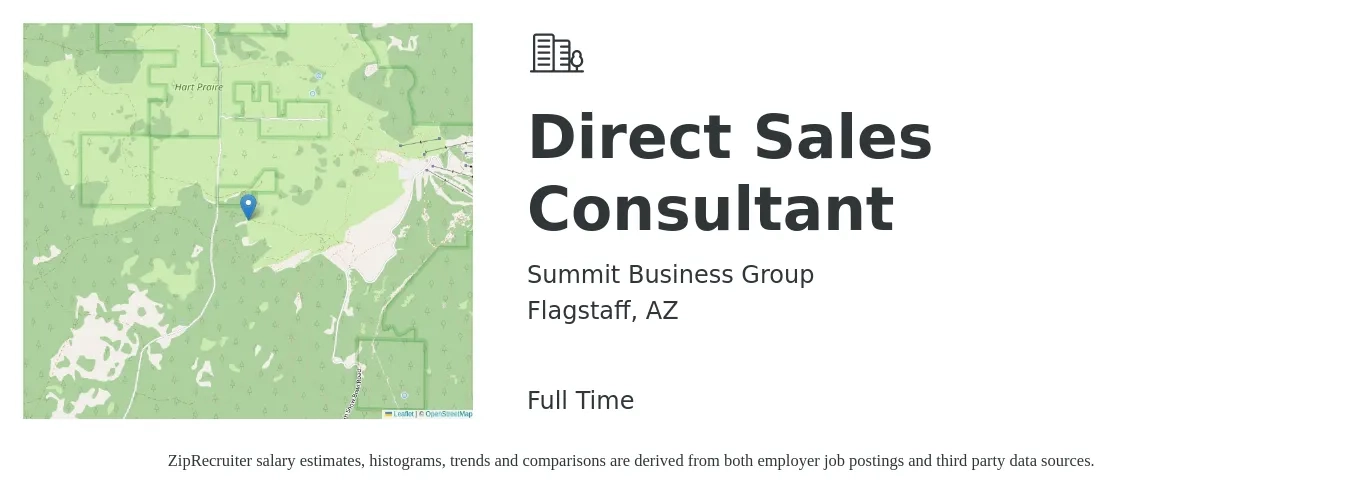Summit Business Group job posting for a Direct Sales Consultant in Flagstaff, AZ with a salary of $53,000 to $85,500 Yearly with a map of Flagstaff location.