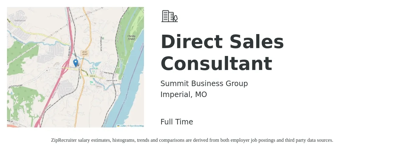 Summit Business Group job posting for a Direct Sales Consultant in Imperial, MO with a salary of $52,000 to $83,900 Yearly with a map of Imperial location.
