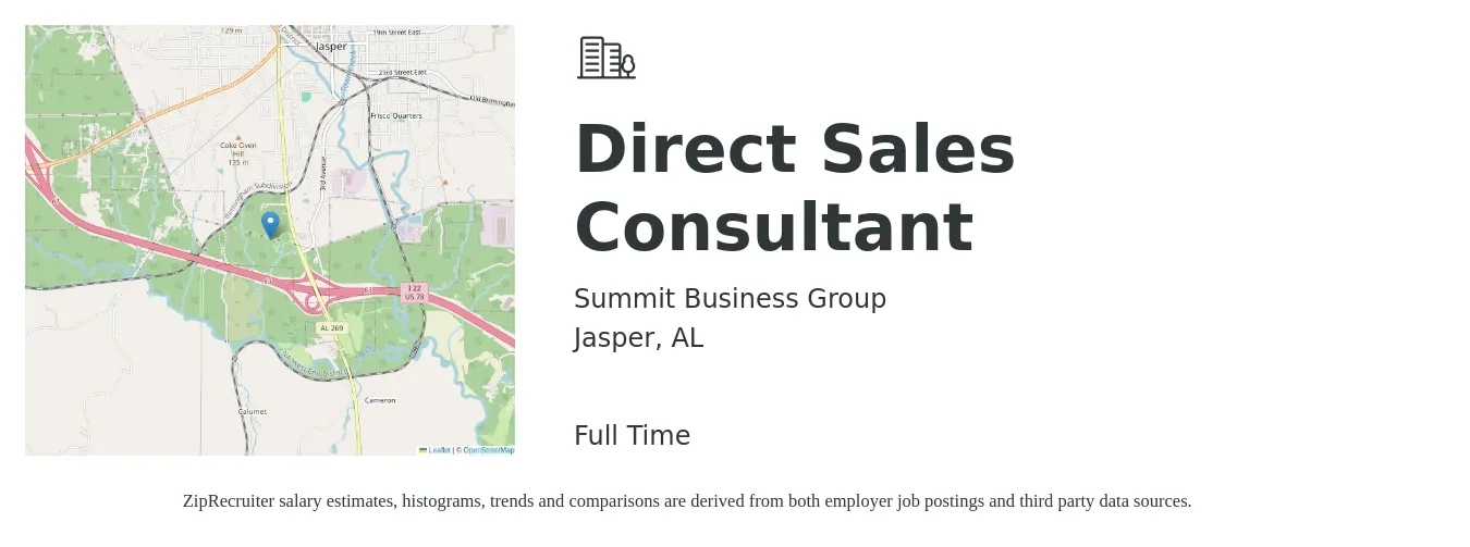 Summit Business Group job posting for a Direct Sales Consultant in Jasper, AL with a salary of $46,800 to $75,500 Yearly with a map of Jasper location.