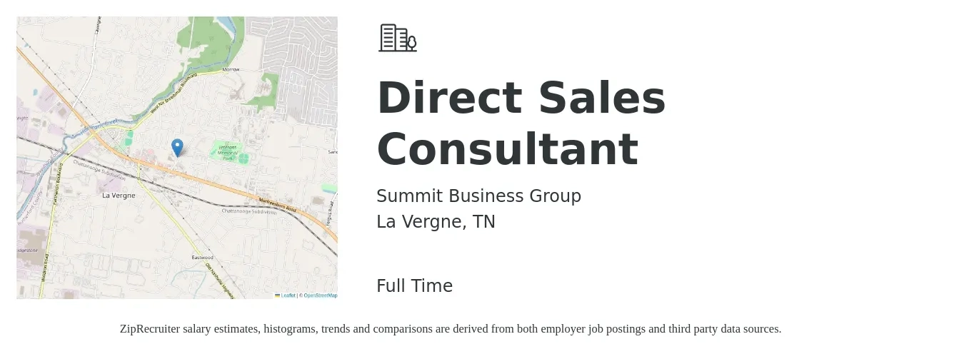 Summit Business Group job posting for a Direct Sales Consultant in La Vergne, TN with a salary of $50,400 to $81,200 Yearly with a map of La Vergne location.