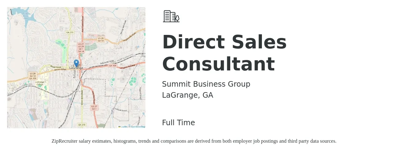 Summit Business Group job posting for a Direct Sales Consultant in LaGrange, GA with a salary of $48,300 to $78,000 Yearly with a map of LaGrange location.