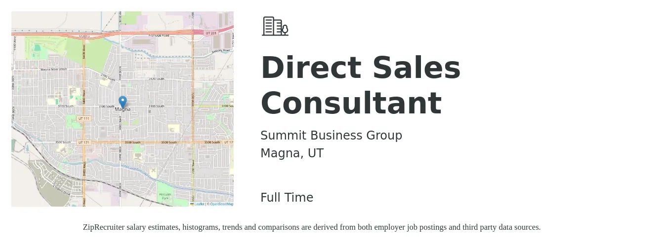 Summit Business Group job posting for a Direct Sales Consultant in Magna, UT with a salary of $51,700 to $83,400 Yearly with a map of Magna location.