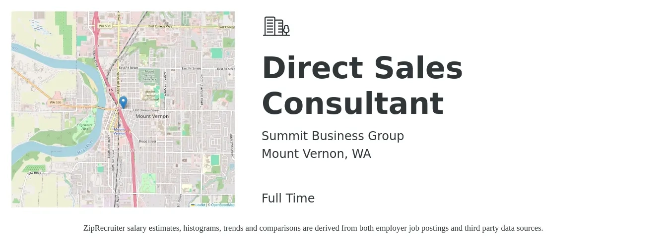 Summit Business Group job posting for a Direct Sales Consultant in Mount Vernon, WA with a salary of $59,400 to $95,800 Yearly with a map of Mount Vernon location.