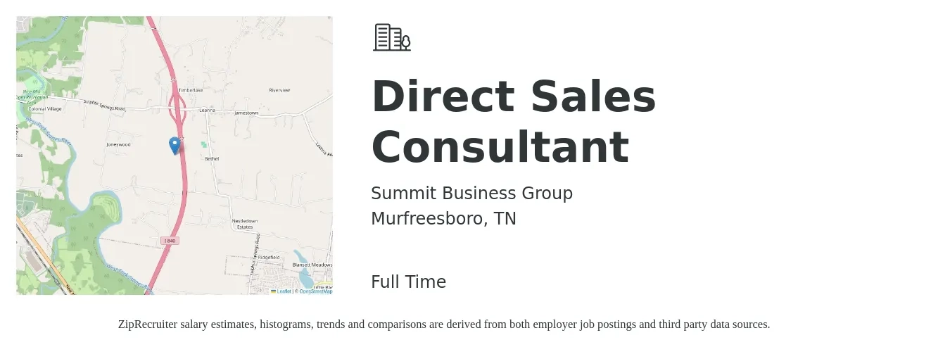 Summit Business Group job posting for a Direct Sales Consultant in Murfreesboro, TN with a salary of $46,800 to $75,500 Yearly with a map of Murfreesboro location.