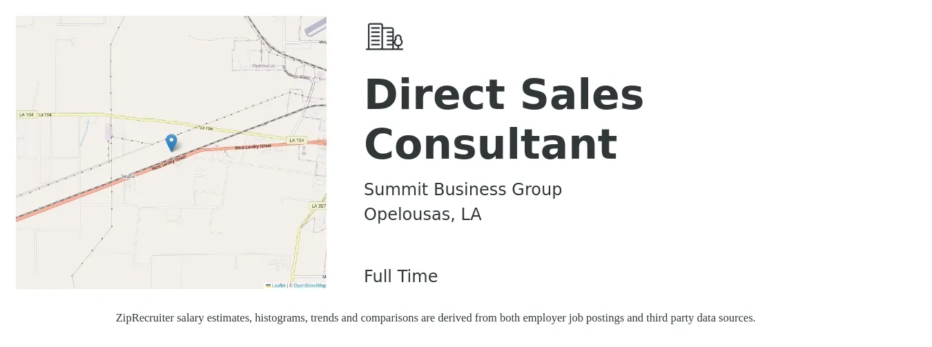 Summit Business Group job posting for a Direct Sales Consultant in Opelousas, LA with a salary of $40,800 to $65,900 Yearly with a map of Opelousas location.
