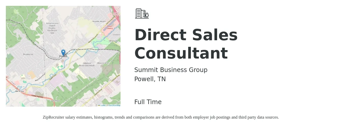 Summit Business Group job posting for a Direct Sales Consultant in Powell, TN with a salary of $44,900 to $72,400 Yearly with a map of Powell location.