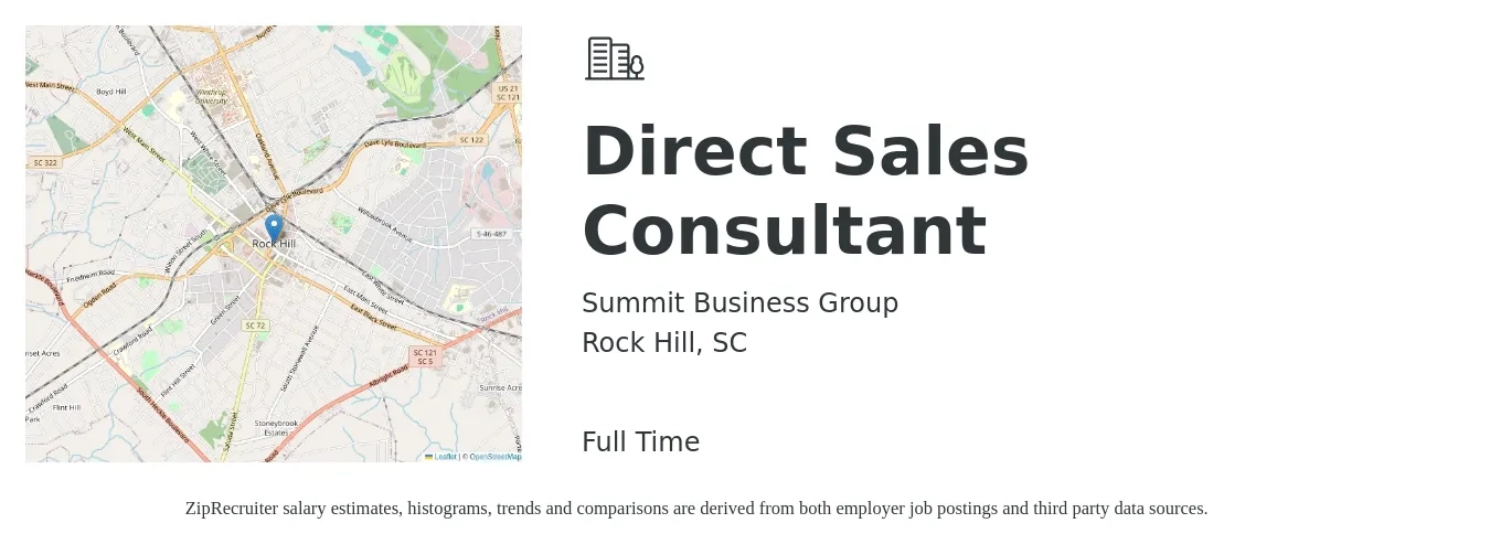 Summit Business Group job posting for a Direct Sales Consultant in Rock Hill, SC with a salary of $44,000 to $71,000 Yearly with a map of Rock Hill location.