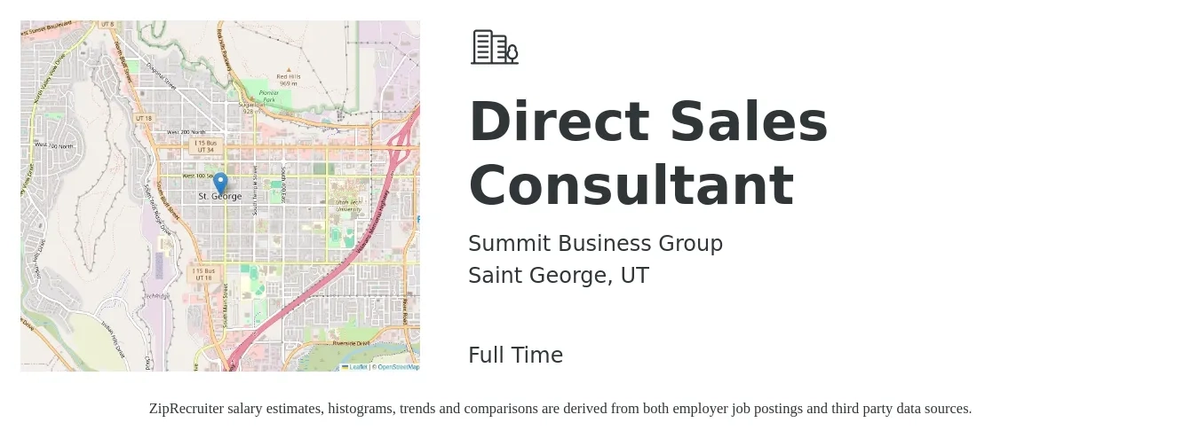 Summit Business Group job posting for a Direct Sales Consultant in Saint George, UT with a salary of $50,000 to $80,700 Yearly with a map of Saint George location.