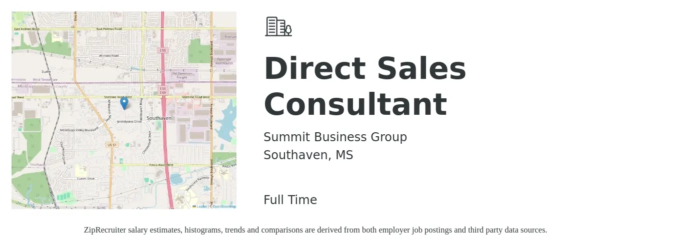 Summit Business Group job posting for a Direct Sales Consultant in Southaven, MS with a salary of $49,800 to $80,400 Yearly with a map of Southaven location.