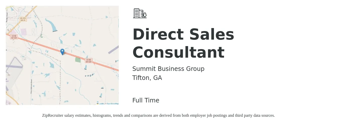 Summit Business Group job posting for a Direct Sales Consultant in Tifton, GA with a salary of $43,700 to $70,600 Yearly with a map of Tifton location.