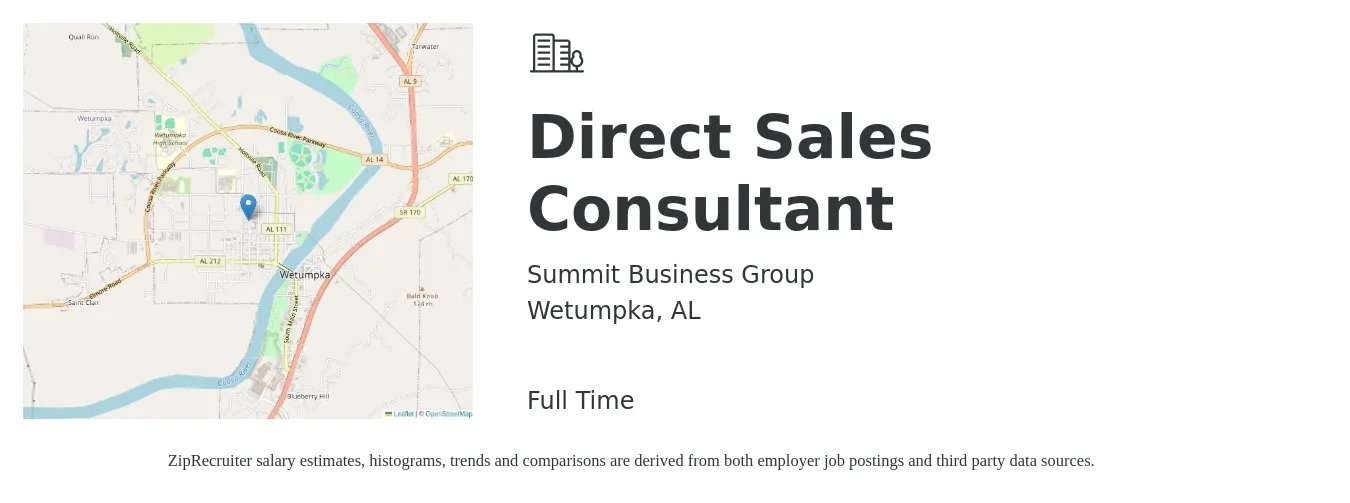 Summit Business Group job posting for a Direct Sales Consultant in Wetumpka, AL with a salary of $49,300 to $79,500 Yearly with a map of Wetumpka location.