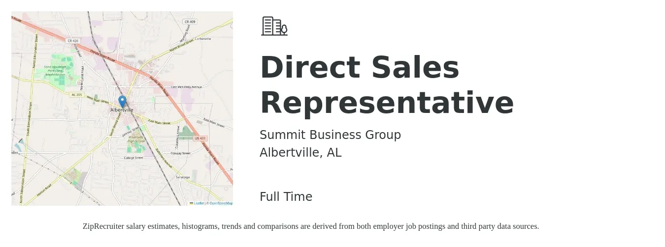 Summit Business Group job posting for a Direct Sales Representative in Albertville, AL with a salary of $48,400 to $71,900 Yearly with a map of Albertville location.
