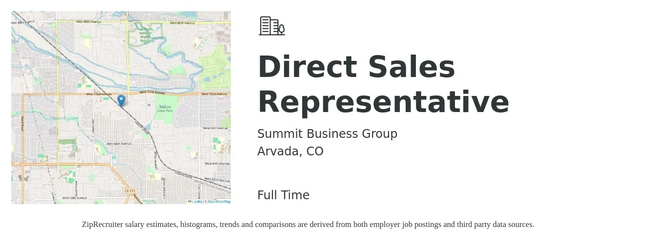 Summit Business Group job posting for a Direct Sales Representative in Arvada, CO with a salary of $51,400 to $76,300 Yearly with a map of Arvada location.