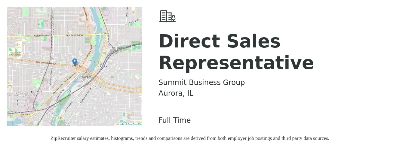 Summit Business Group job posting for a Direct Sales Representative in Aurora, IL with a salary of $50,100 to $74,400 Yearly with a map of Aurora location.
