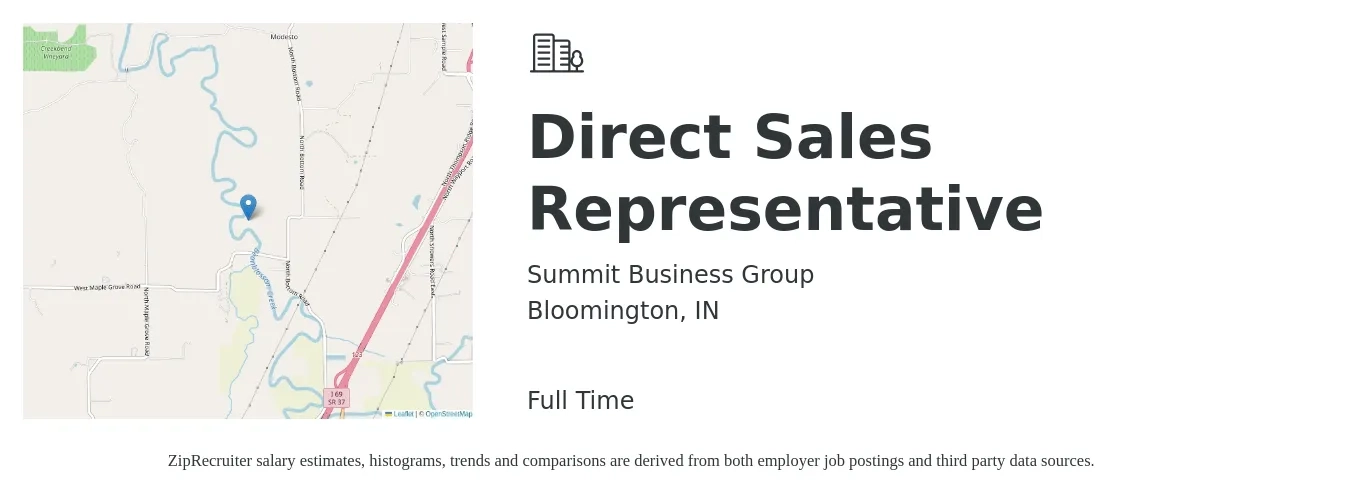 Summit Business Group job posting for a Direct Sales Representative in Bloomington, IN with a salary of $46,700 to $69,400 Yearly with a map of Bloomington location.
