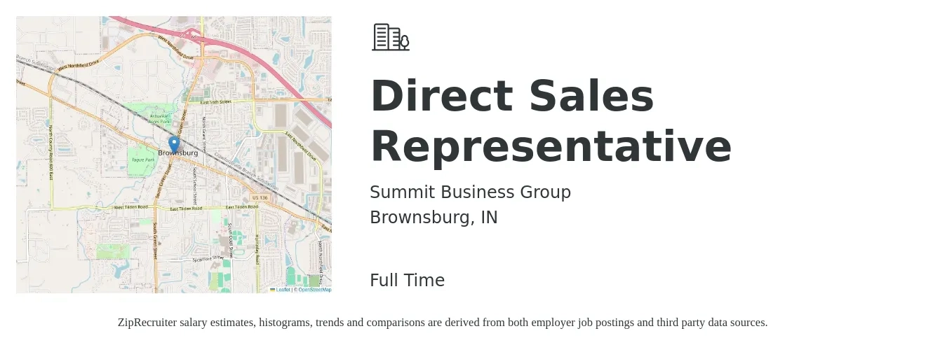 Summit Business Group job posting for a Direct Sales Representative in Brownsburg, IN with a salary of $47,900 to $71,200 Yearly with a map of Brownsburg location.