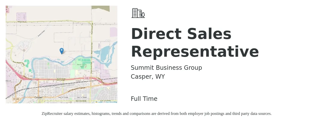Summit Business Group job posting for a Direct Sales Representative in Casper, WY with a salary of $48,900 to $72,700 Yearly with a map of Casper location.