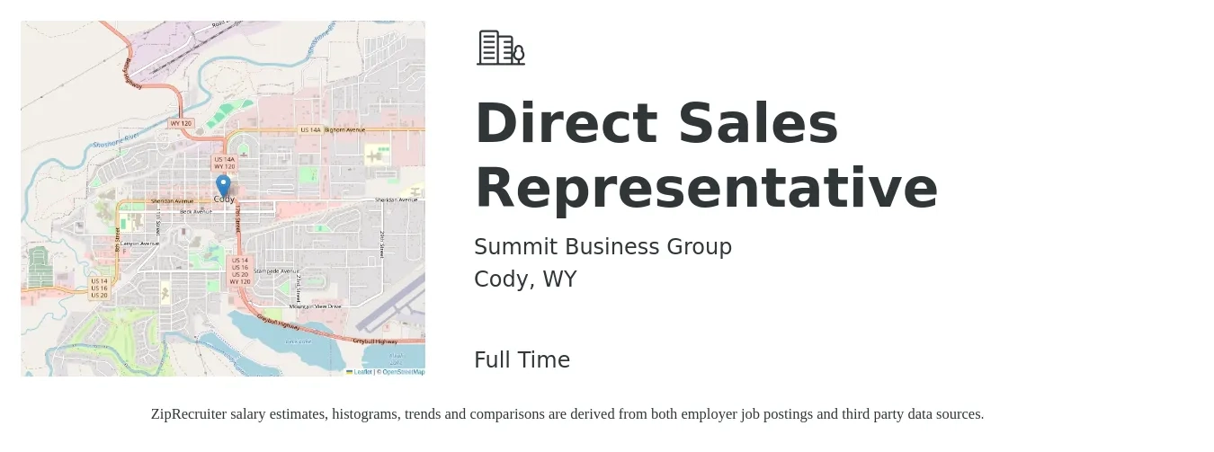 Summit Business Group job posting for a Direct Sales Representative in Cody, WY with a salary of $48,800 to $72,500 Yearly with a map of Cody location.