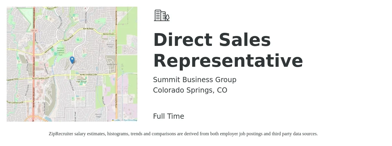 Summit Business Group job posting for a Direct Sales Representative in Colorado Springs, CO with a salary of $49,800 to $73,900 Yearly with a map of Colorado Springs location.